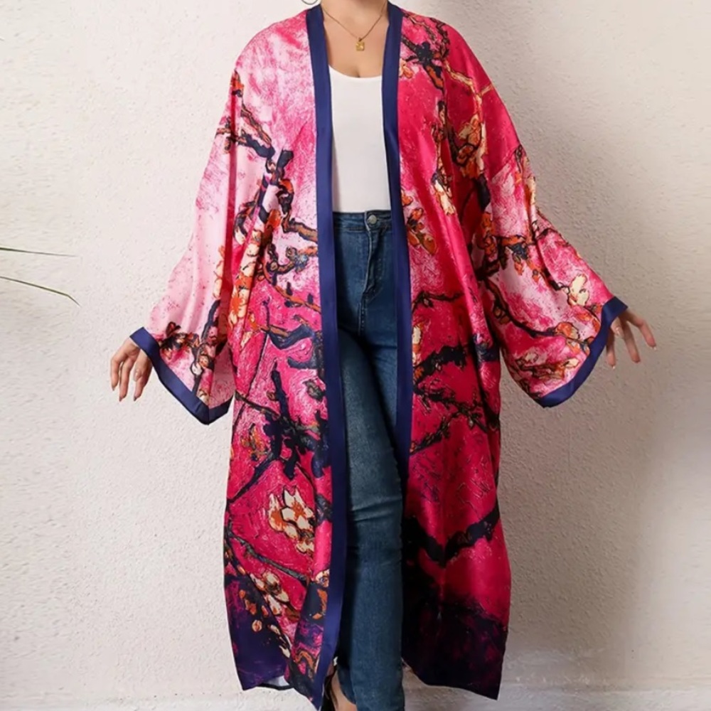 Cherry Blossom Kimono Pink Full Length Vacation Wear Beach Cover Up - Picture 2 of 5